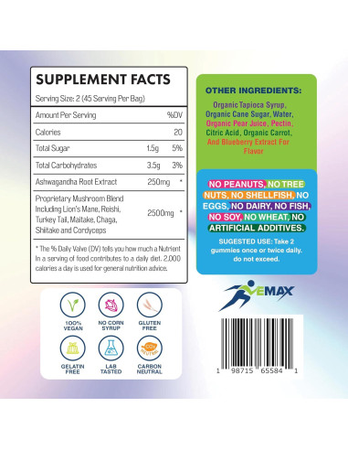 Gomitas Veganas de Ashwagandha y Hongos Orgánicos Vemax - 2500 mg