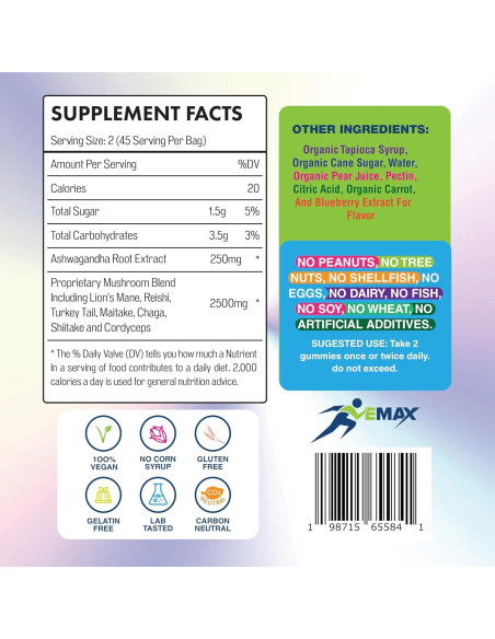 Gomitas Veganas de Ashwagandha y Hongos Orgánicos Vemax - 2500 mg