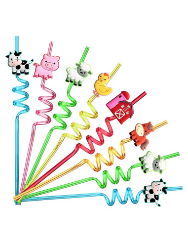 24 Pajitas Reutilizables de Animales de Granja Lidmada 26.5 cm