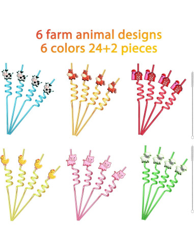 24 Pajitas Reutilizables de Animales de Granja Lidmada 26.5 cm