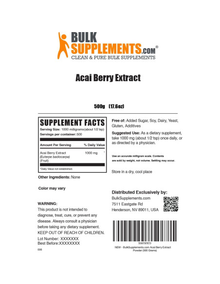 Polvo de Extracto de Baya de Acai BulkSupplements 500g Antioxidantes