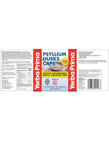 Yerba Prima Psyllium Husks 180 Cápsulas 625 mg - Fibra Digestiva
