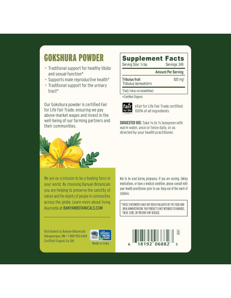Polvo de Gokshura Banyan Botanicals 227g - Suplemento Vitalidad Masculina