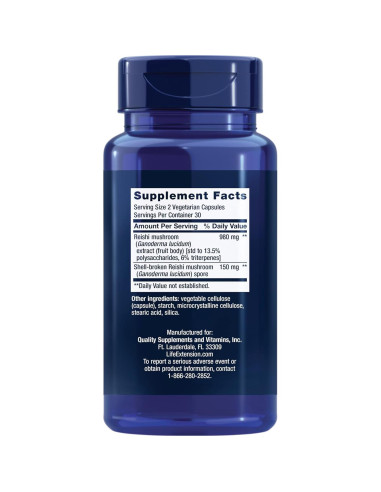 Suplemento Herbal de Hongo Reishi Life Extension - 60 Cápsulas