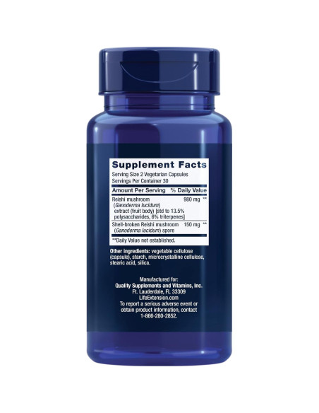 Suplemento Herbal de Hongo Reishi Life Extension - 60 Cápsulas