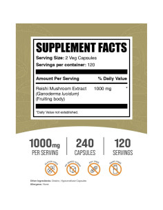 Cápsulas de Hongo Reishi BulkSupplements 1000mg - 240 Veganas 2