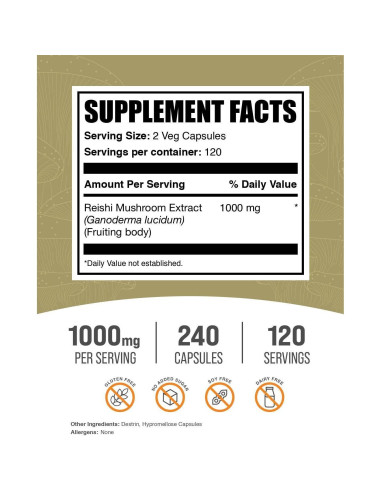 Cápsulas de Hongo Reishi BulkSupplements 1000mg - 240 Veganas