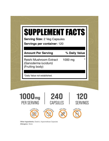 Cápsulas de Hongo Reishi BulkSupplements 1000mg - 240 Veganas