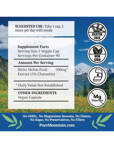 Cápsulas de Melón Amargo Pure Mountain Botanicals 500mg Veganas Cápsulas de Melón Amargo Pure Mountain Botanicals 500mg Veganas