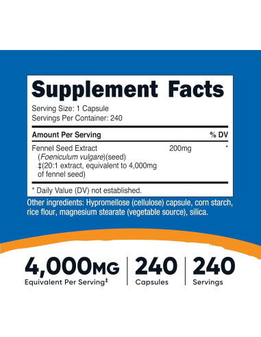 Suplemento Vegano de Semilla de Hinojo Nutricost 240 Cápsulas