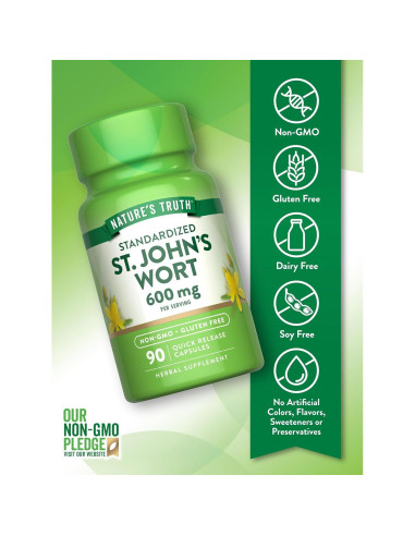 Cápsulas de Hierba de San Juan 600mg Verdad de la Naturaleza | 90 Unidades | Suplemento Sin OGM y Sin Gluten