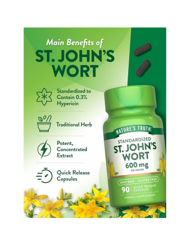 Cápsulas de Hierba de San Juan 600mg Verdad de la Naturaleza | 90 Unidades | Suplemento Sin OGM y Sin Gluten