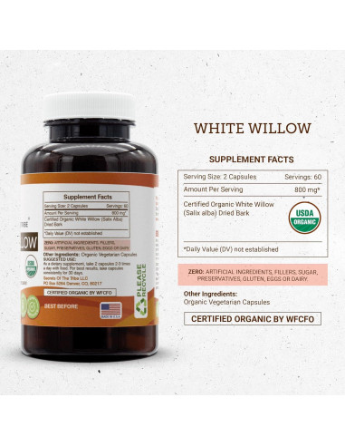 Cápsulas de Sauce Blanco 800 mg USDA Orgánico Secretos de la Tribu - 120 Unidades