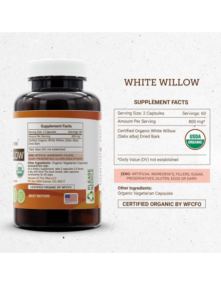 Cápsulas de Sauce Blanco 800 mg USDA Orgánico Secretos de la Tribu - 120 Unidades Cápsulas de Sauce Blanco 800 mg USDA Orgánico Secretos de la Tribu - 120 Unidades