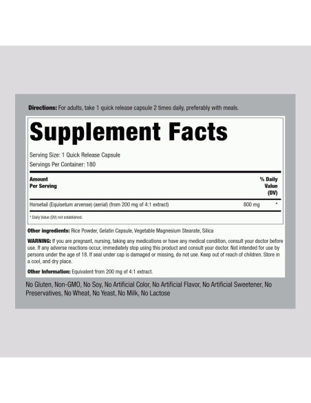 Cápsulas de Cola de Caballo Piping Rock 800 mg - 180 Unidades Cápsulas de Cola de Caballo Piping Rock 800 mg - 180 Unidades