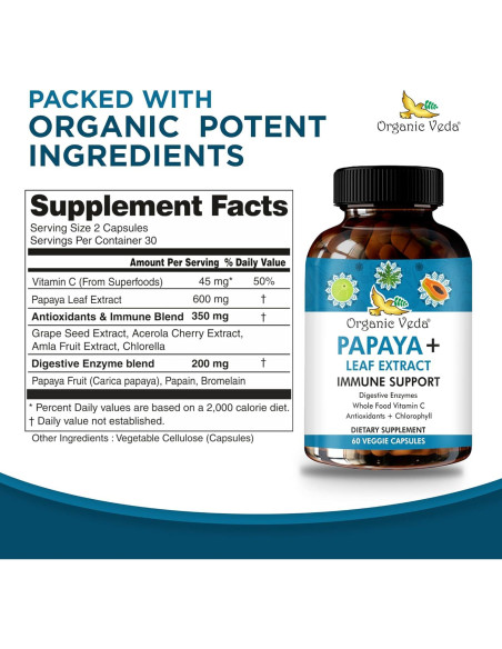 Cápsulas de Hoja de Papaya Orgánica Veda Plus - 60 Unidades Cápsulas de Hoja de Papaya Orgánica Veda Plus - 60 Unidades