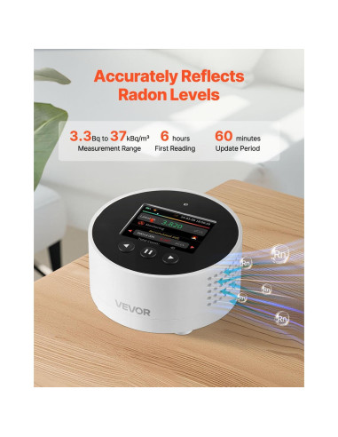 Detector de Radón VEVOR Portátil con Pantalla LCD y Alarmas