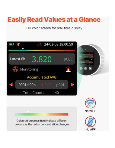 Detector de Radón VEVOR Portátil con Pantalla LCD y Alarmas