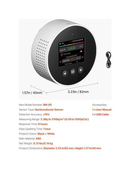 Detector de Radón VEVOR Portátil con Pantalla LCD y Alarmas Detector de Radón VEVOR Portátil con Pantalla LCD y Alarmas