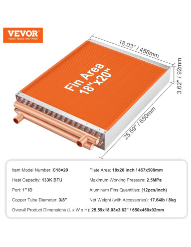 Intercambiador de Calor VEVOR 18x20" Agua a Aire 242 Aletas