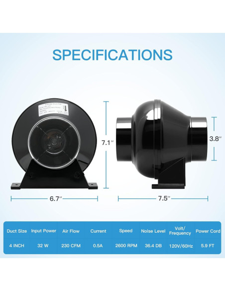 Ventilador Inline iPower 4" 195 CFM con Filtro y Conducto 2.4m