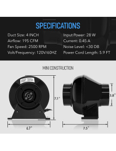 Ventilador Inline iPower 4" 195 CFM + Filtro Carbón + Conducto 2.44m 2