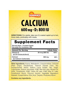 Suplemento de Calcio con Vitamina D3 Sundance 600mg 200 Comprimidos 2