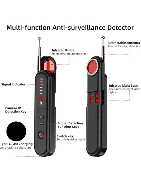 Detector de Cámara Oculta Aroeally T01 - 5 Niveles Sensibilidad