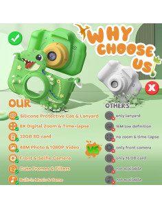 Cámara Infantil KIZJORYA 48MP Verde con Funda y Tarjeta SD 32GB 2