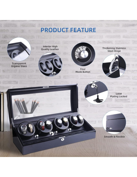 Reloj Winder Automático Udgtee 4 Motores Negro Madera 27.4x63.8cm