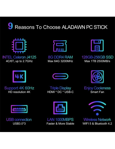 Mini PC Stick ALADAWN S7 J4125 8GB RAM 128GB SSD Windows 11 Pro