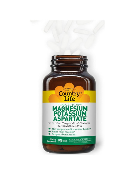 Suplemento de Magnesio y Potasio Country Life 600mg/198mg 90 Tabletas