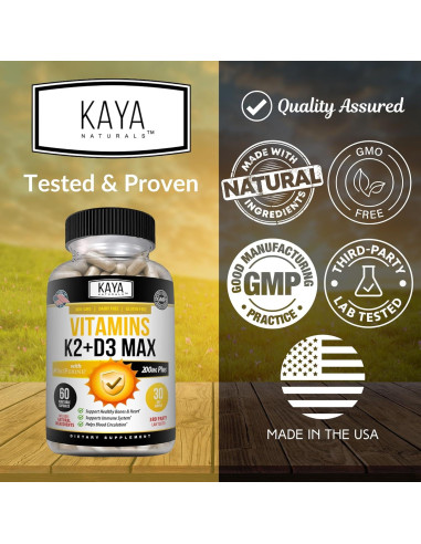 Vitaminas K2 + D3 Kaya Naturals 180 Cápsulas Fáciles de Tragar