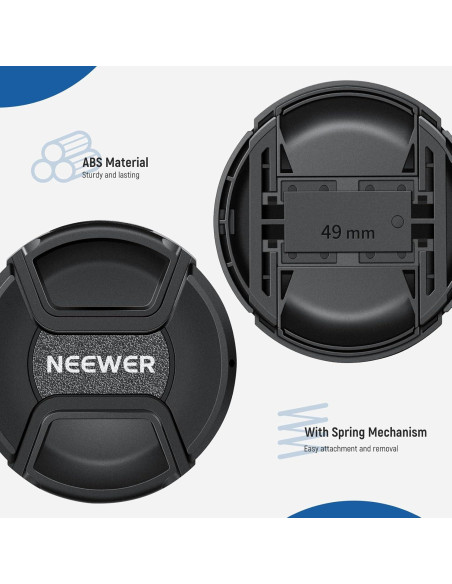 Kit de tapa de lente 49mm Neewer con correa y paño de limpieza Kit de tapa de lente 49mm Neewer con correa y paño de limpieza