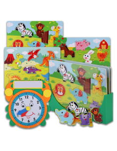 Juego de Rompecabezas de Madera 3 en 1 con Estante y Reloj