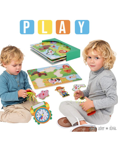 Juego de Rompecabezas de Madera 3 en 1 con Estante y Reloj