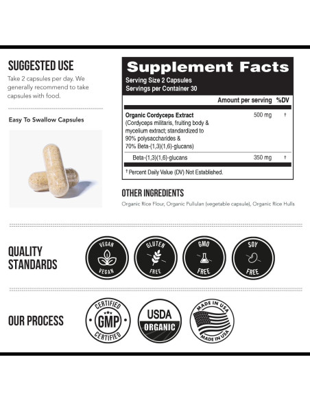 Cápsulas de Extracto de Hongo Cordyceps Orgánico - 60 Unidades - 70% Beta Glucanos