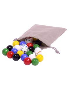 Bolsa con 24 Canicas de Vidrio 18mm y 6 Dados para Aggravation