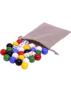 Bolsa con 24 Canicas de Vidrio 18mm y 6 Dados para Aggravation 2
