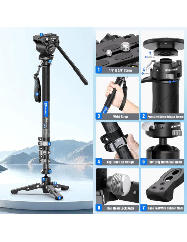 Monopie de fibra de carbono Leofoto MV-324C 160 cm 3 en 1