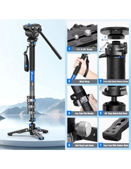 Monopie de fibra de carbono Leofoto MV-324C 160 cm 3 en 1