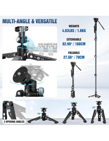 Monopie de fibra de carbono Leofoto MV-324C 160 cm 3 en 1