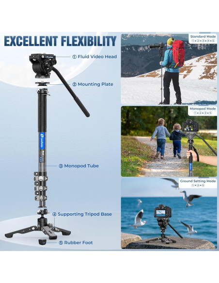 Monopie de fibra de carbono Leofoto MV-324C 160 cm 3 en 1