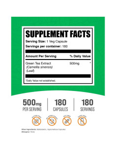 Cápsulas de Extracto de Té Verde BulkSupplements 500mg 180 Unidades 2