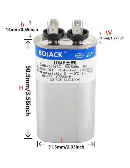 Capacitor Oval de Arranque BOJACK 10 uF 370V/440V CBB65 Capacitor Oval de Arranque BOJACK 10 uF 370V/440V CBB65