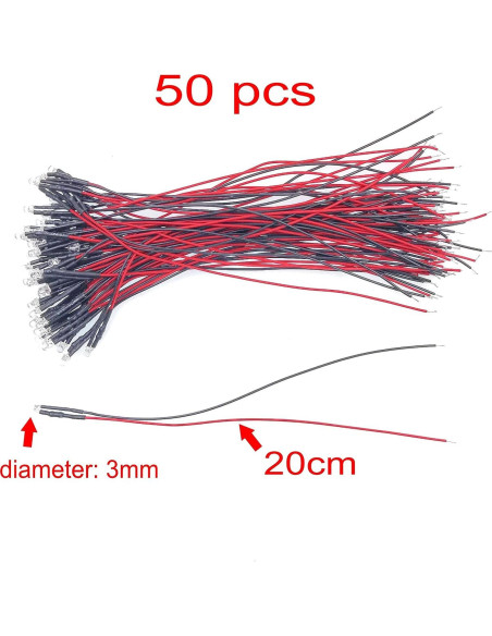 50 Diodos LED Blancos 3mm JZK 12V Pre-Cableados 20cm