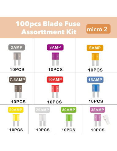 Kit de Fusibles Micro 2 Amliber 100Pcs para Automóviles 2A-35A