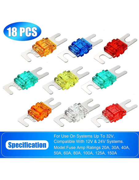 Kit de 18 Fusibles Mini ANL Frienda 20A a 150A para Auto