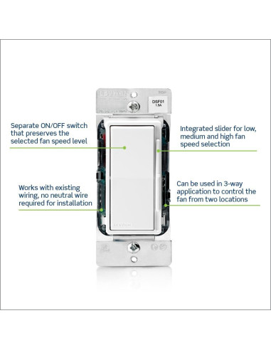 Interruptor de Ventilador de Techo Leviton DSF01-10Z Blanco 3 Velocidades