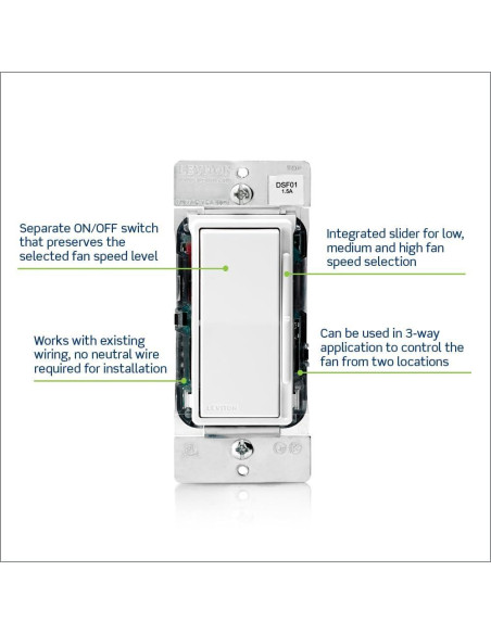 Interruptor de Ventilador de Techo Leviton DSF01-10Z Blanco 3 Velocidades